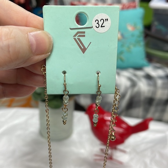 Gold chain with light blue beaded tassel and matching earrings 32” - Picture 3 of 5